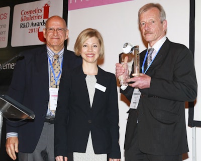 (From right) Alain Khaiat, PhD, the 2010 Lifetime Achievement award winner, and Lucy Gillam, event director, in-cosmetics, presented Dr. Karl Lintner with the 2013 in-cosmetics Lifetime Achievement award.