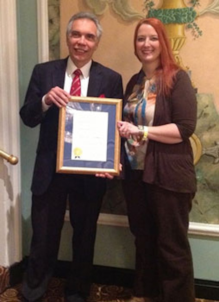 At the Awards Luncheon, Rachel Grabenhofer awarded the Frontiers of Science Award, which is sponsored by Cosmetics & Toiletries, to Joseph Schwarcz, PhD.