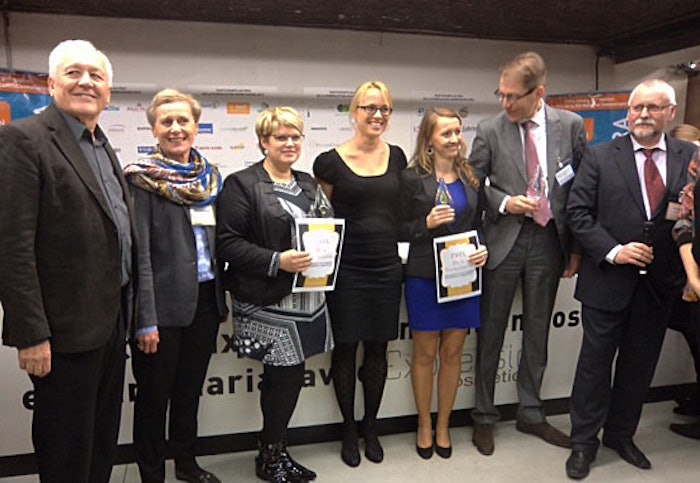 SFC president Claudie Willemin (second from the left) with representatives from the three winners of Cosmetagora's formulation prize.