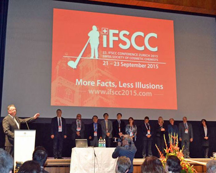 Newly inaugurated IFSCC president Philippe Auderset, Ph.D., presents the 2015-2016 IFSCC praesidium