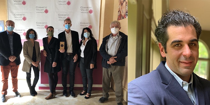 2020 Cosmetic Victories: Winner Michel Grisel (4th from left) with members of the Cosmetic Valley (left); and Winner John LaHood (right)