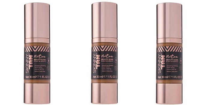 Skinny Tan’s Notox Beauty Elixir is a self-tanning, anti-aging facial serum that reportedly has effects similar to botulinum toxin.