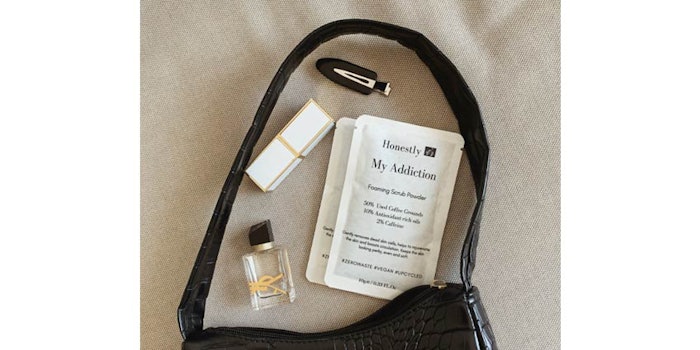 The three-in-one foaming scrub powder uses a water-free formula that is stored in single-use pouches that degrade within six months.