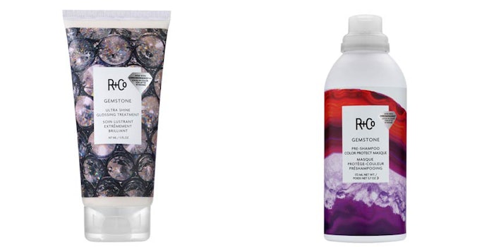 R+Co's Gemstone Pre-Shampoo Color Protect Masque and Gemstone Ultra Shine Glossing Treatment are designed to treat hair damaged by color processing.