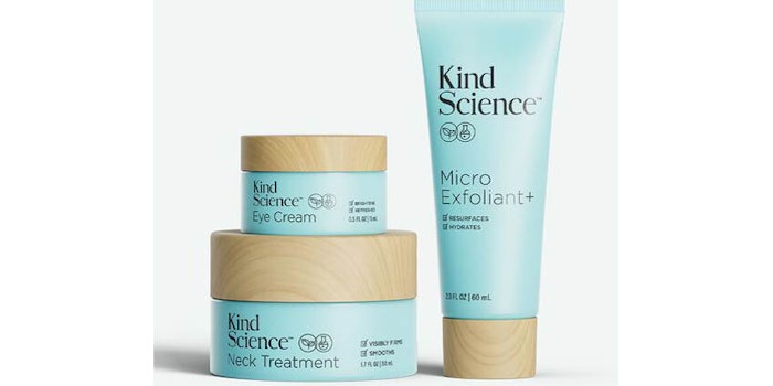 Kind Science is launching with a variety of anti-aging skin care products, including Eye Cream, Micro Exfoliant, Hydration Cream, Firming Serum, Radiance Oil, Neck Treatment and Gentle Cleanser.