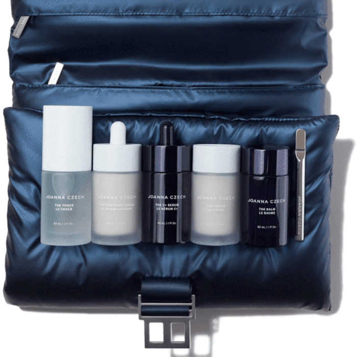 The Kit is a collection of seven skin care essentials including toner, vitamin C serum, soothing serum, facial cream, face mask, balm and cleansing wipes.