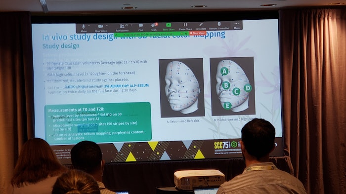 Riccardo Sfrinso, Ph.D., of DSM Nutritional Products, highlighted a clinical study to assess the bacterial composition on five different facial areas, to which color-mapping was applied to visualize the results.