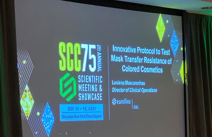 Presented by Loviena Mascarenhas of Eurofins, CRL Cosmetics, Inc., a protocol was developed to evaluate the long-lasting effects of makeup/foundations after 2 hr and 4 hr of mask use.