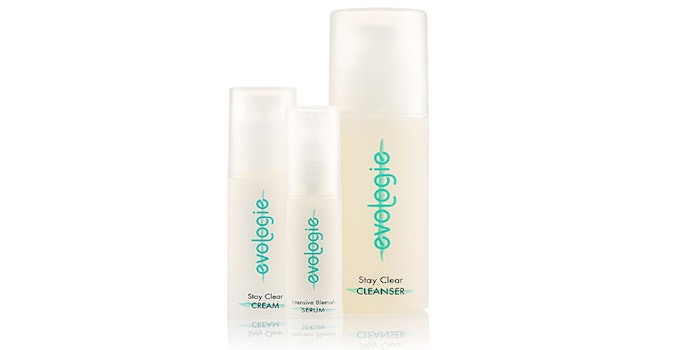 The evologie collection features the Intensive Blemish Serum, Stay Clear Cleanser, Stay Clear Cream and Stay Clear Starter Kit.