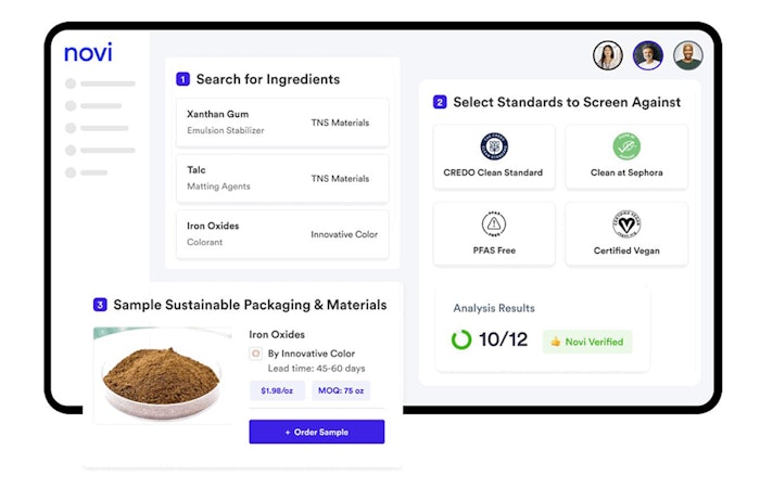Novi Connect is a publicly available ingredient screening tool that compared ingredients against data-driven standards including certified vegan, clean at Sephora and EWG verified.