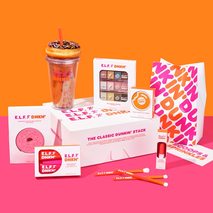 The Dunkin' x e.l.f. Cosmetics makeup collection includes eyeshadows, lip scrub and lip gloss inspired by Dunkin' donuts and coffee.