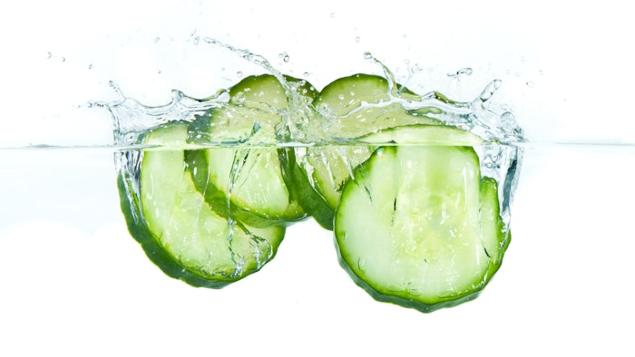 The active, organic cucumber water is suggested as a water replacement for formulations and is said to impart prebiotic properties.