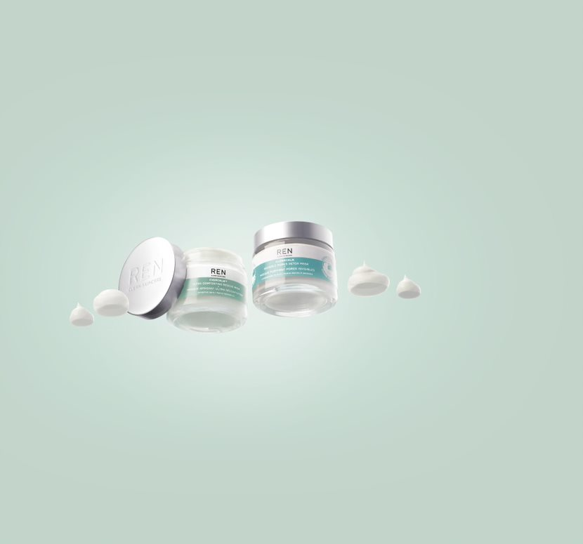 The upgraded packaging for Ren's face mask range includes a 20% PCR glass jar and an aluminum lid with an invisible thread.