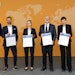 Mario Arcos Rodriguez (second from left), Johanna Koch, Rupert Pfaller and Annemarie Reutter-Maier (continuing left to right) were awarded this year's Alexander Wacker Innovation Prize, presented by Wacker Executive Board member Angela Wörl (far left) and Christoph Kowitz, head of corporate research (far right).
