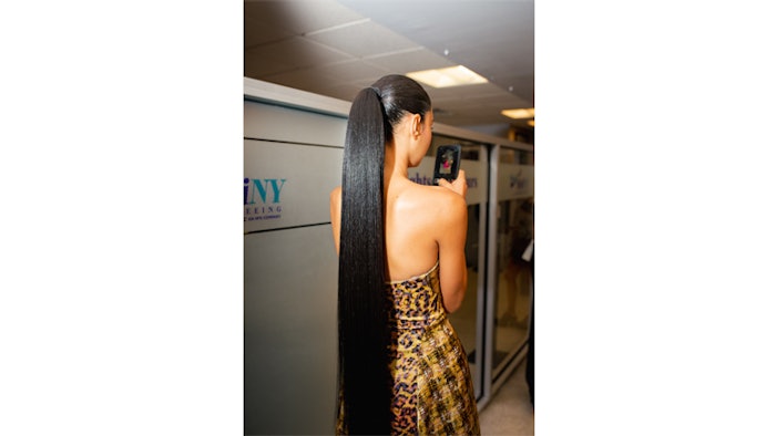 Long extended ponytail by Dylan Chavles for Gauntlett Cheng S/S 2023