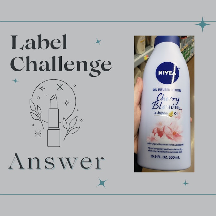 This week's label challenge answer is a body lotion that can also be used for hands and feet. Infused with jojoba oil, this product offers radiant, 24-hour moisturization.