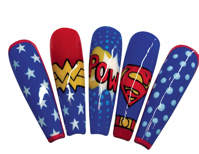 A comic book-inspired nail set from nail art specialist Hirsch Nguyen.