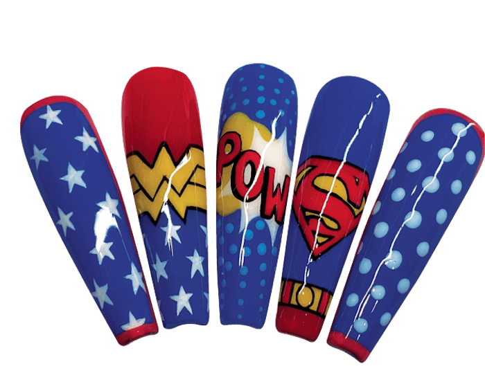 A comic book-inspired nail set from nail art specialist Hirsch Nguyen.