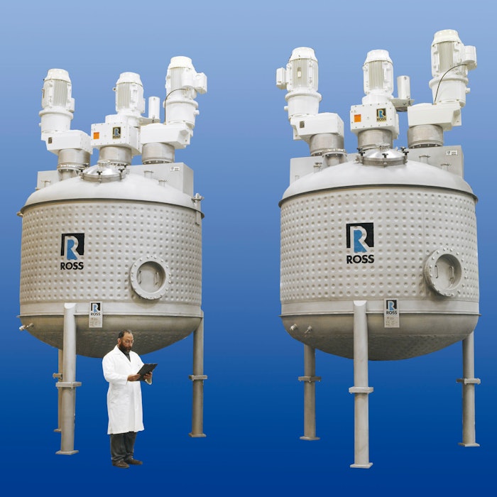 Ross' 3000-gallon multi-shaft mixers are equipped with a custom combination of 3 agitators each driven by a 60 HP TEFC inverter-duty motor.