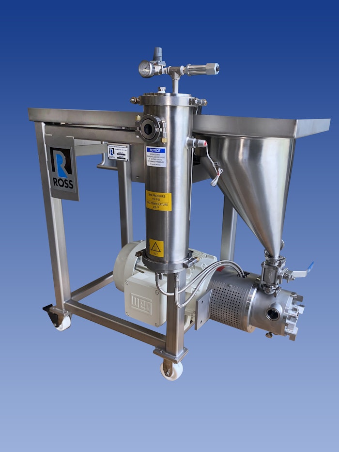 This device wets out powders and creates a fine dispersion. Using the tabletop workbench, operators can open bags and load powders into the hopper that sits on top of the mixer, minimizing aeration.