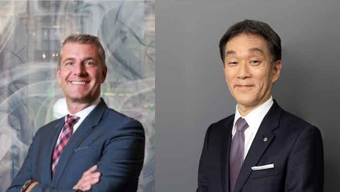 Mark Johnson (L), president of Kao's cosmetics business in the Americas and Europe, Middle East and Africa (AEMEA), will report to Yosuke Maezawa (R), who will move up to president of the global cosmetics business.