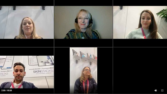 Rachel Grabenhofer, Cosmetics & Toiletries (upper, center) caught up with Neutrogena and Nourished team members at CES; participants included: Desiree Dowe (upper left), marketing director of future skin health, J&J; Paul LaTerra (lower left), director of the Dermocosmetics and Health Accelerator, J&J; Melissa Snover (lower center), CEO and founder, Nourished; and Logan McGill (upper right), global marketing director for Neutrogena, Clean & Clear and skin tech, J&J.