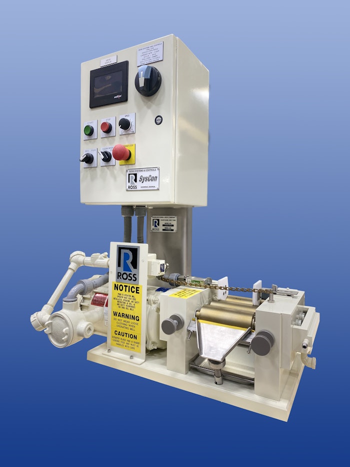 The model is a bench-top laboratory Three Roll Mill equipped for paints, inks, cosmetics, ointments, dental composites, electronic pastes, specialty coatings, filled resins and various other fine particle dispersions.