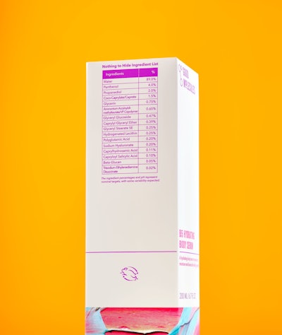 The formulation is vegan and cruelty-free; the packaging's back panel features a break down of the formulation components and percentages.