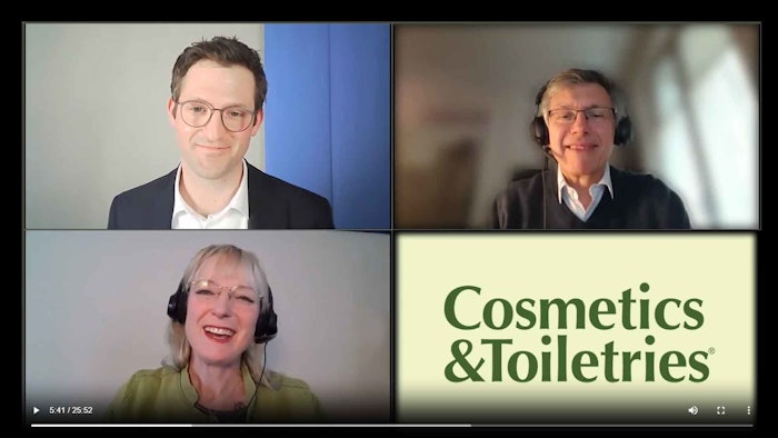 EcoBeautyScore Consortium representatives Felix Bäuerle, of Beiersdorf (upper left) and Laurent Gilbert, Ph.D., of L’Oréal (upper right) and Rachel Grabenhofer, Cosmetics & Toiletries (lower left)