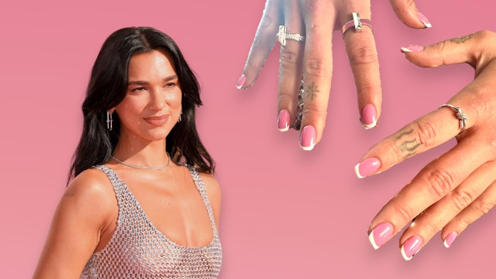 Nail artist Kim Truong (@kimkimnails) created Dua Lipa's two-toned French manicure for the Barbie premiere.