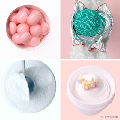 Food-inspired skin care product examples: (top, from L) Glow Cream Party Pops and Glow Lolly Spheres Scrub Cleanser; (bottom, from L) Yogurt Mask and Ice Cream for Night Cream