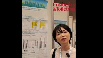Shoko Hamada, of Kobayashi Pharmaceutical Co., explains her work to identify antimicrobial fragrance compounds during the IFSCC 2023 poster session.