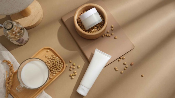 The soy isoflavones genistein and daidzein provide antioxidant and estrogenic properties that have been proposed to protect against skin aging in postmenopausal women.