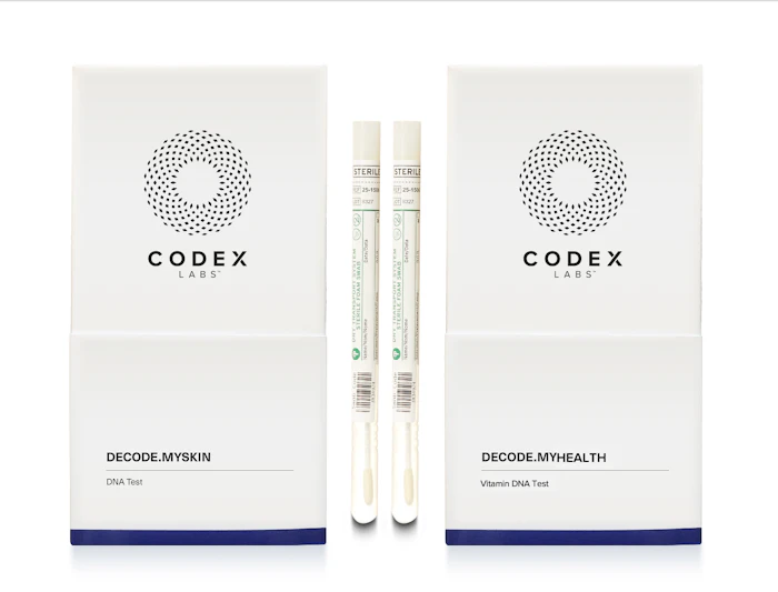 Codex Labs' kits include the Decode.MySkin DNA Test, which uses qPCR sequencing to assess skin oxidative stress, sensitivity, irritation, oiliness, pimples, pigmentation, sun exposure and general aging, as well as the Decode.MyHealth Vitamin DNA Test, which also uses qPCR sequencing and which assesses the absorption, transport and metabolism of vitamins A through E and the implication for skin conditions.