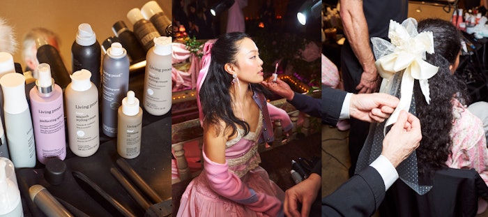 Stylist Brent Lawler created flirtatious, coquette-inspired hair for the LoveShackFancy NYFW show using products from Living Proof.