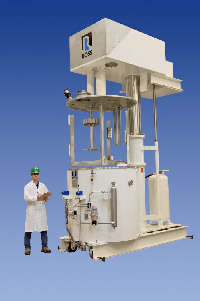 The PVM-500-gallon VersaMix is equipped with a heavy-duty 30 HP three-wing anchor agitator and a 75 HPhigh speed disperser with 15” blade for rapid powder wet-out and dispersion.