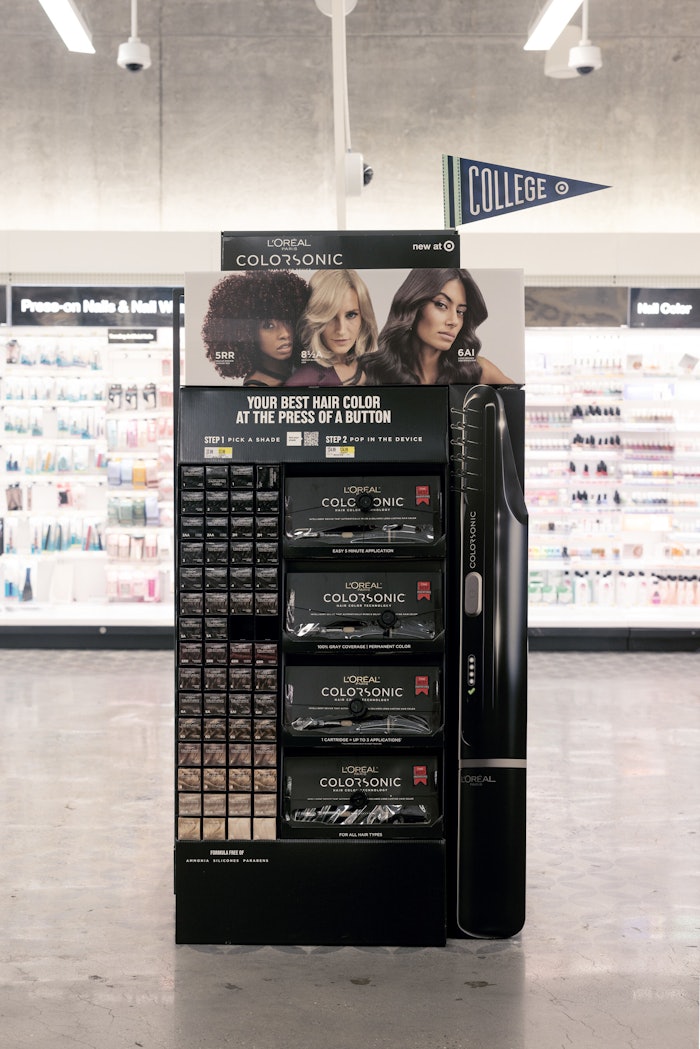 The device and color cartridges are being merchandised in a unique shelf structure co-developed with L'Oréal Paris and Target.