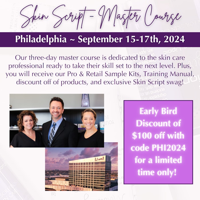The event is specifically for skin care professionals seeking to deepen their expertise in advanced skin care techniques and familiarize themselves with the comprehensive Skin Script Skin Care product line.