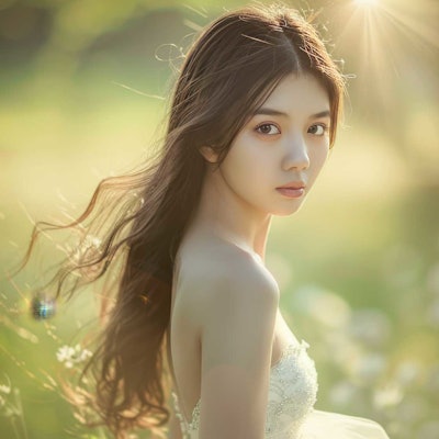 Asian-bride-in-white-dress-standing-in-field-looking-over-shoulder