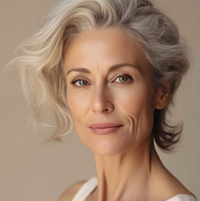 beautiful mature caucasian woman smiling small expression lines on blank background