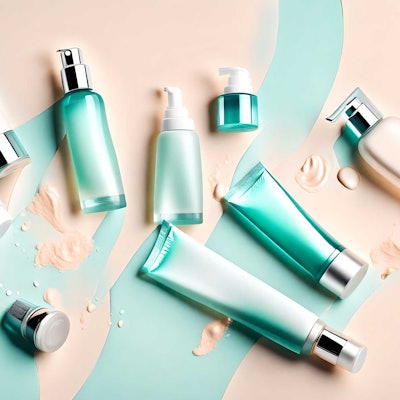 teal and beige skin care product tubes splay lotions creams