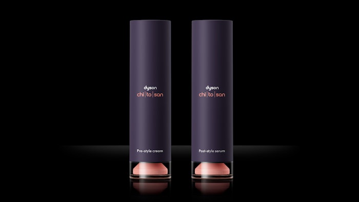 Dyson's first wet line styling products, the refillable Chitosan Pre-Style Cream and Chitosan Post-Style Serum ($59.99; refills at $54.99), are built around chitosan, a bioactive polymer.
