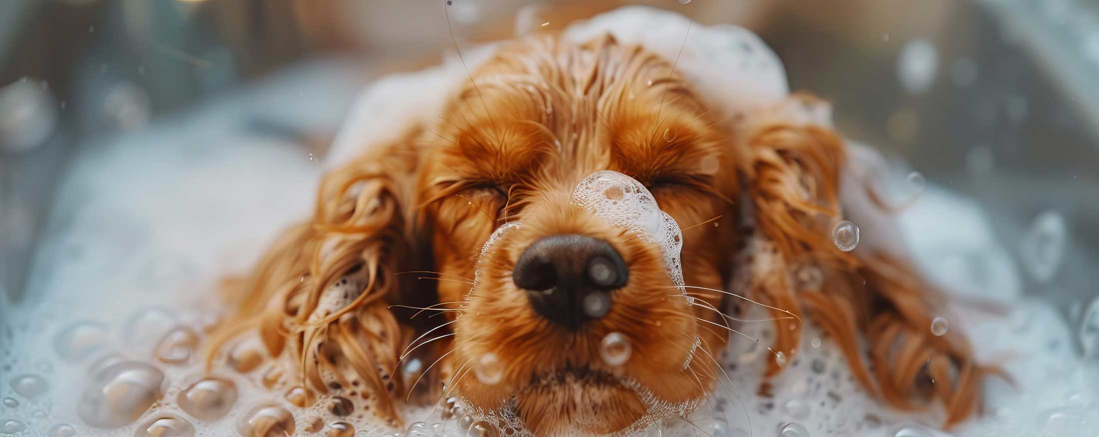 cute cocker shaniel relaxed in bath with soapy suds