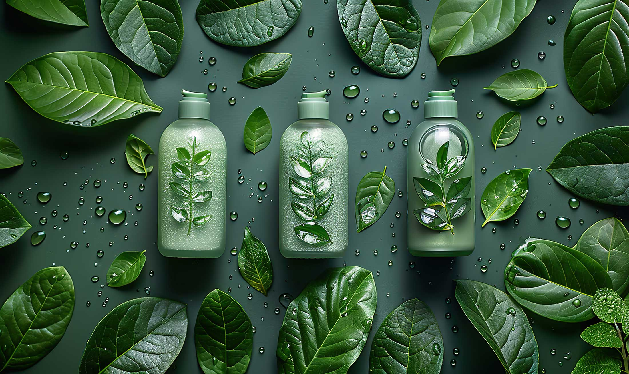 plants foliage spread out dew drops bottles plants and green liquids centered