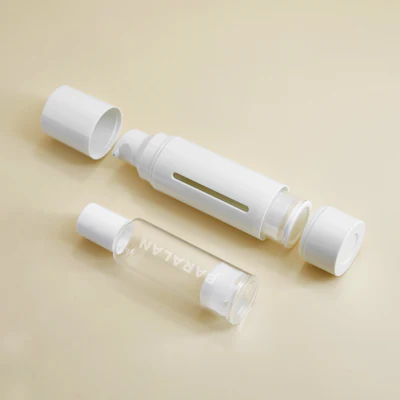 Baralan's Premium Re-charge System comprises a refillable plastic dispenser designed to fit two types of inner glass containers to suit makeup and skin care formulations.