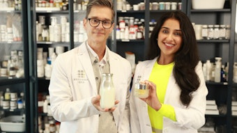 Brent Ridge, co-founder of Beekman 1802, and Trisha Khanna, MD, FAAD, a board-certified dermatologist, show off the brand's new exosome-powered Milk RX.
