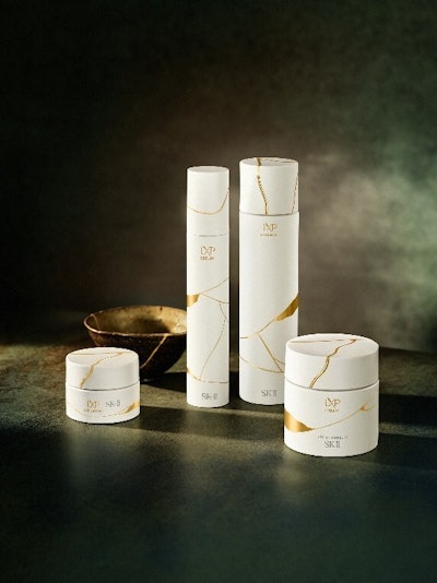 The collection and its packaging is inspired by kintsugi, the art of ceramic restoration that precisely reassembles broken fragments with gold and lacquer 'for an art piece stronger, more beautiful,' per SK-II.