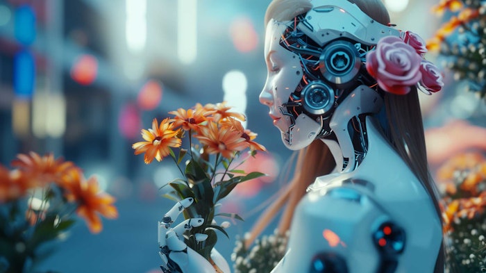 human-AI-robot-flower-fragrance-design-concept-modern-digital-tech