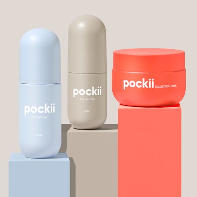 Berlin Packaging’s Pockii, on the other hand, features a rounded design and is available in 50 ml and 100 ml glass bottles, as well as a 50 ml refill jar.