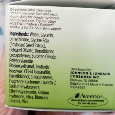 Aveeno Positively Radiant Gel Moisturizer Back Label